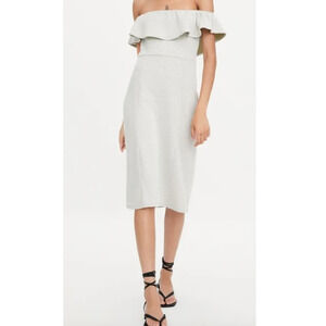 NWT Zara Cotton Blend Off Shoulder White Midi Dress with Green Dots • Size S 🔴